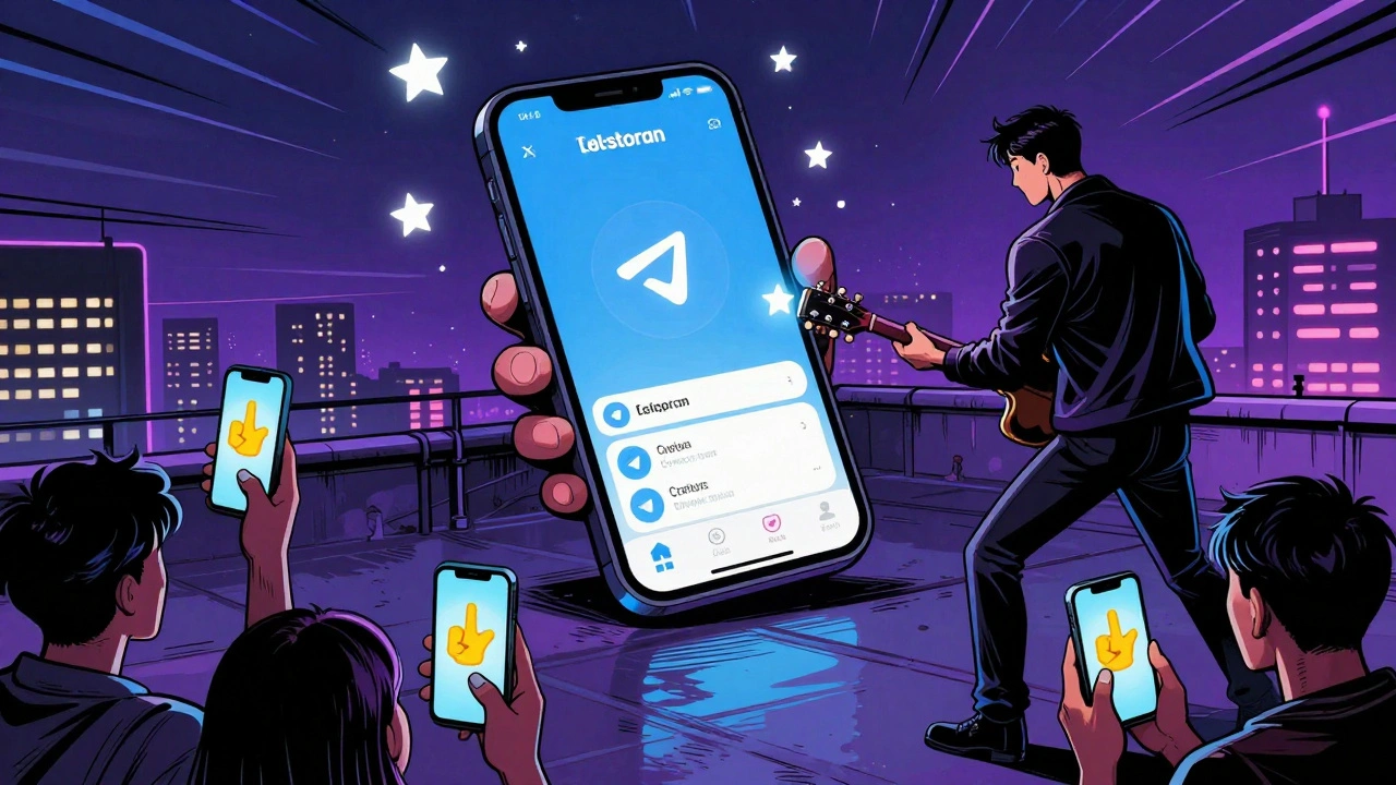 Musician streaming a rooftop concert on Telegram with floating Stars and fans reacting below.