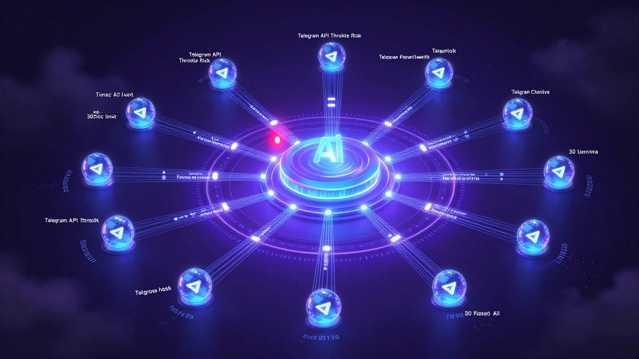 Network map of 50 Telegram channels connected to an AI hub with data flows, time zones, and API throttle warning.