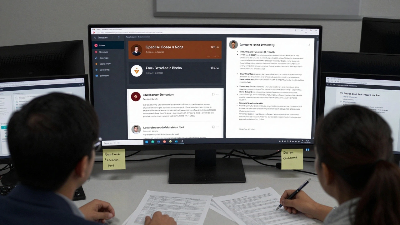 News team monitoring live moderation metrics on a large screen with policy documents nearby.