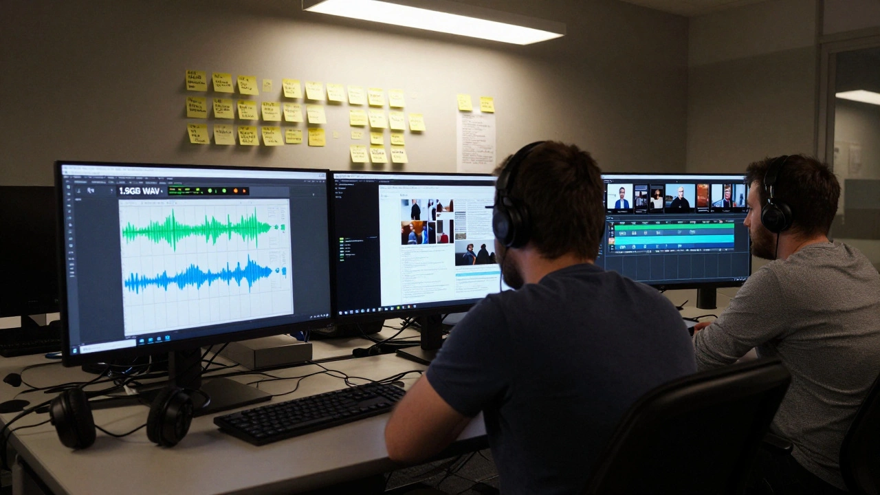 Newsroom editors downloading large media files from Telegram across multiple monitors at night.