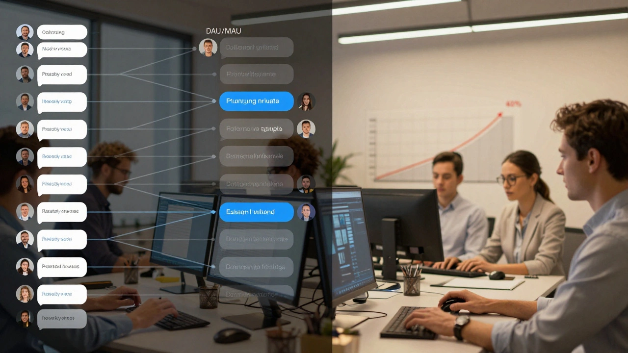 Newsroom team analyzing forward chains and DAU/MAU ratio on a screen with ripple effects.