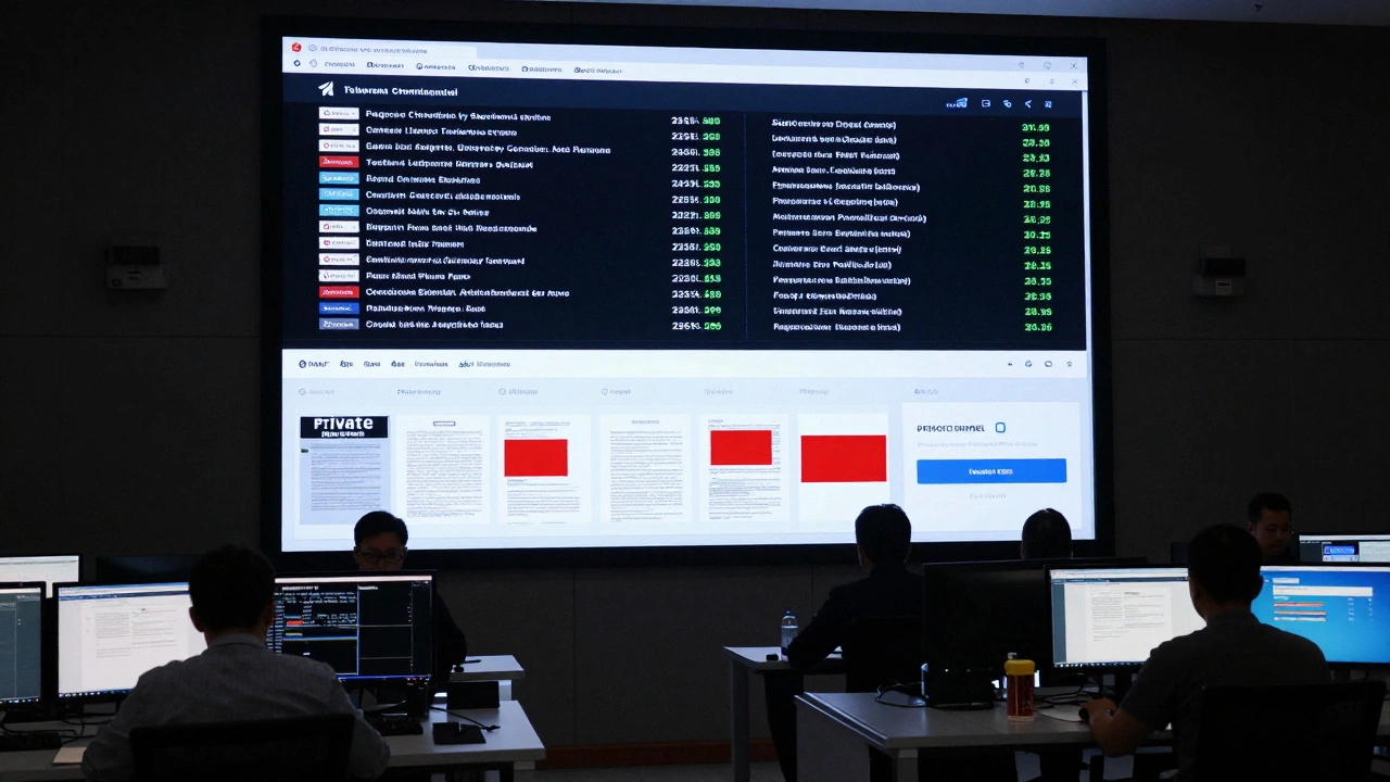 Newsroom wall showing public headlines and private embargoed reports under monitor lighting.