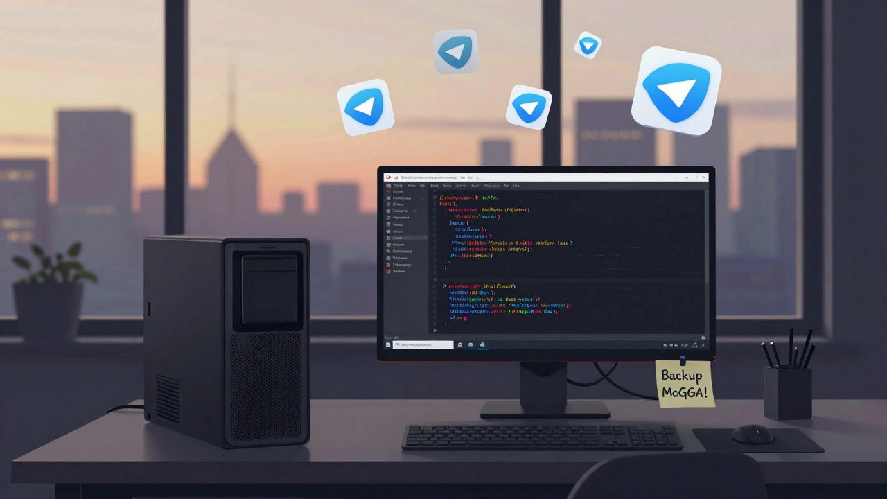 Open-source news bot running on a server with code visible, in a quiet home workspace.