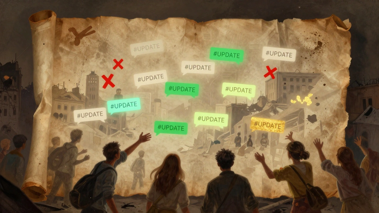 Parchment of floating Telegram messages, some fading, others glowing with #UPDATE as passed among people in a city.