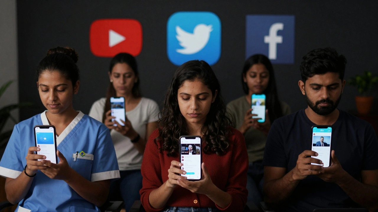 People in different countries using Telegram to access uncensored news, their faces lit by phone screens.