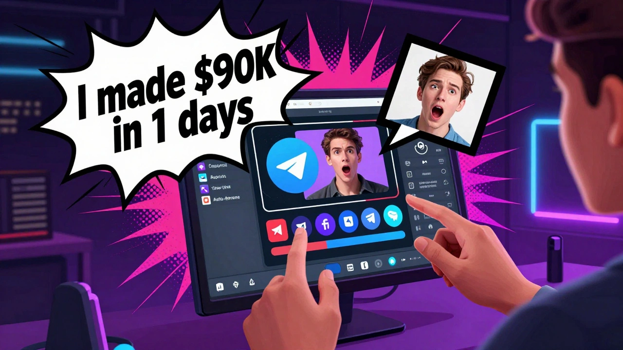 Person editing a Telegram clip in CapCut with bold text and audio effects bursting from screen.