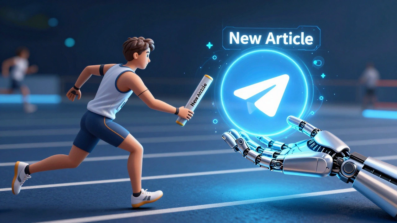 Relay race metaphor with RSS feed runner handing baton to robot, passing to Telegram channel icon.