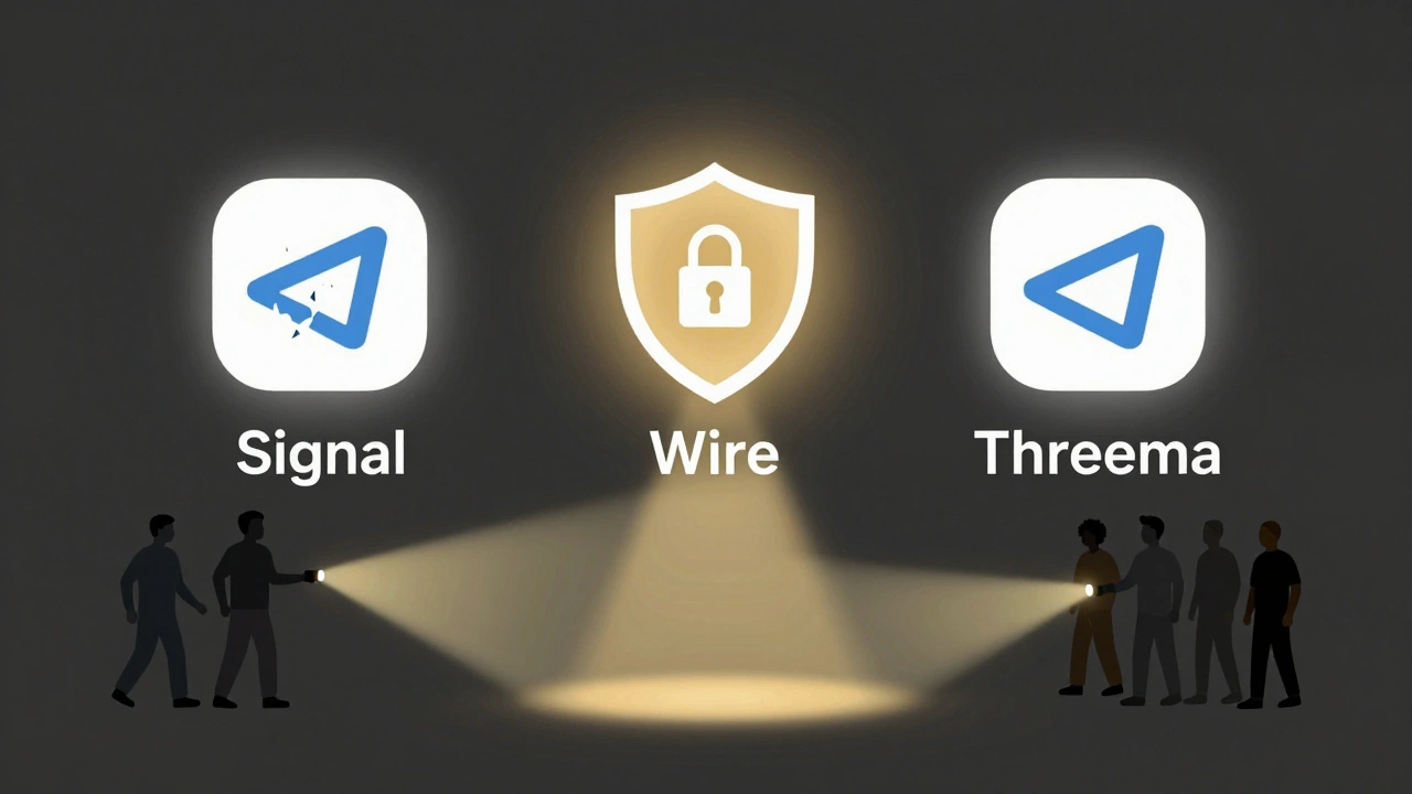 Secure messaging apps as glowing shields protecting humanitarian workers, against a broken Telegram icon.