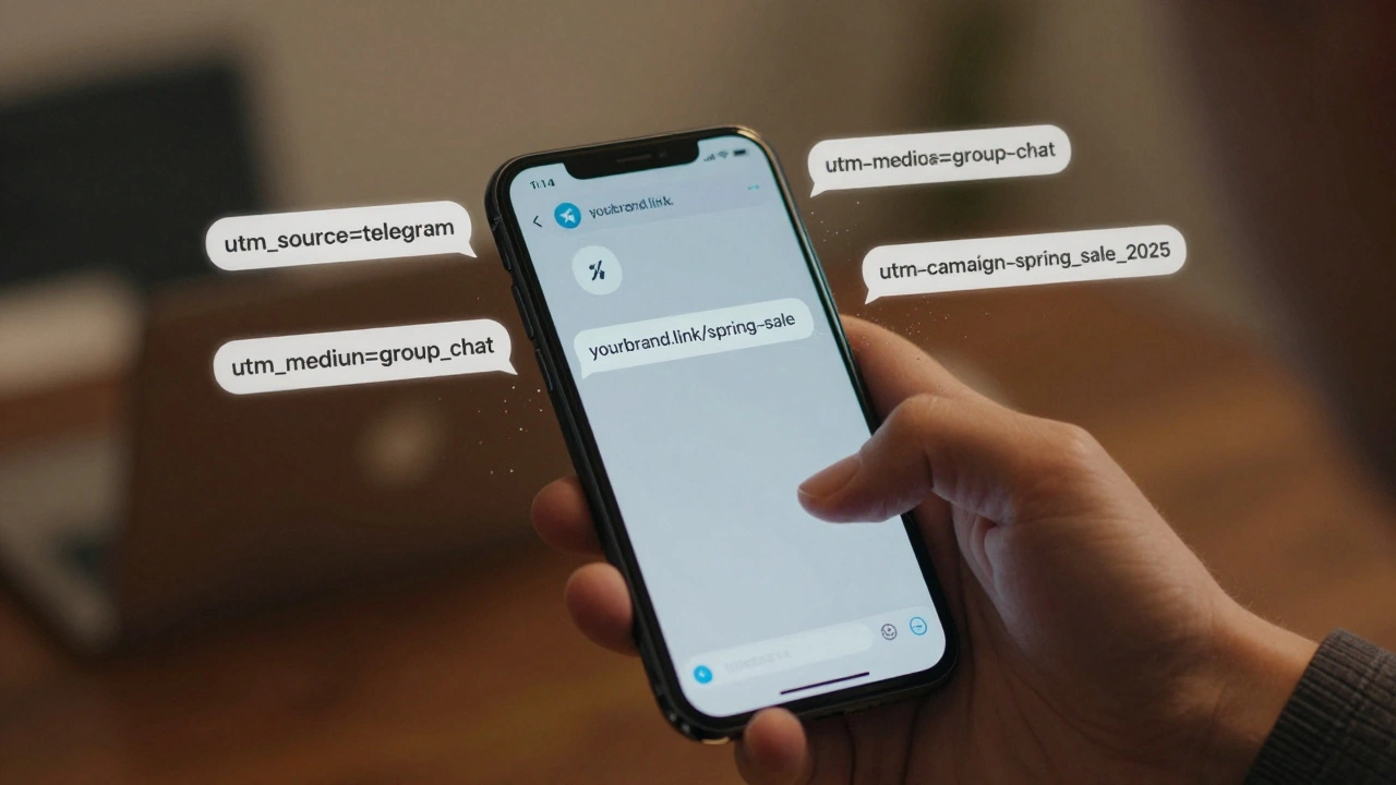 Smartphone displaying a shortened Telegram link with floating UTM parameters