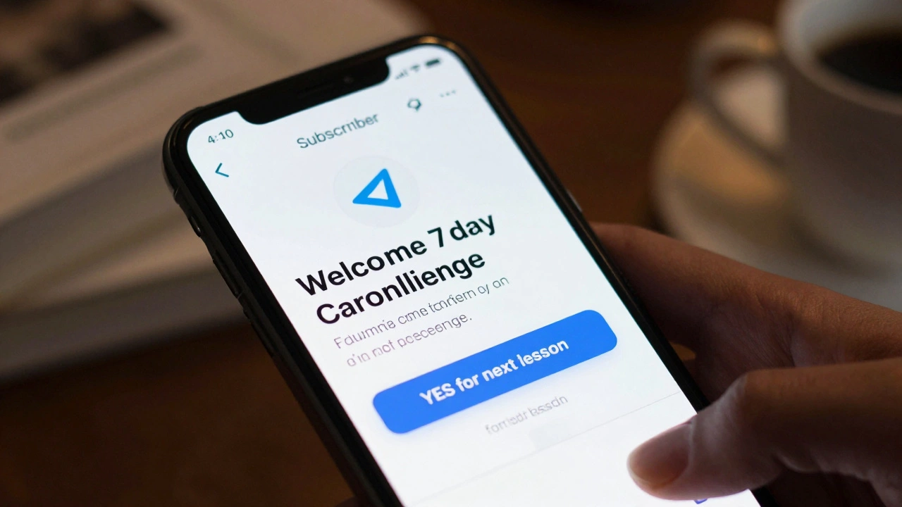 Smartphone screen displaying a Telegram welcome message with quiz and progress indicator