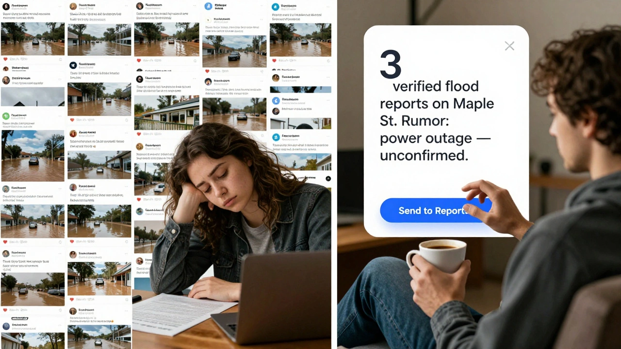 Split image: chaotic Telegram feeds on left, clean bot summary on right, showing how AI helps journalists filter noise.