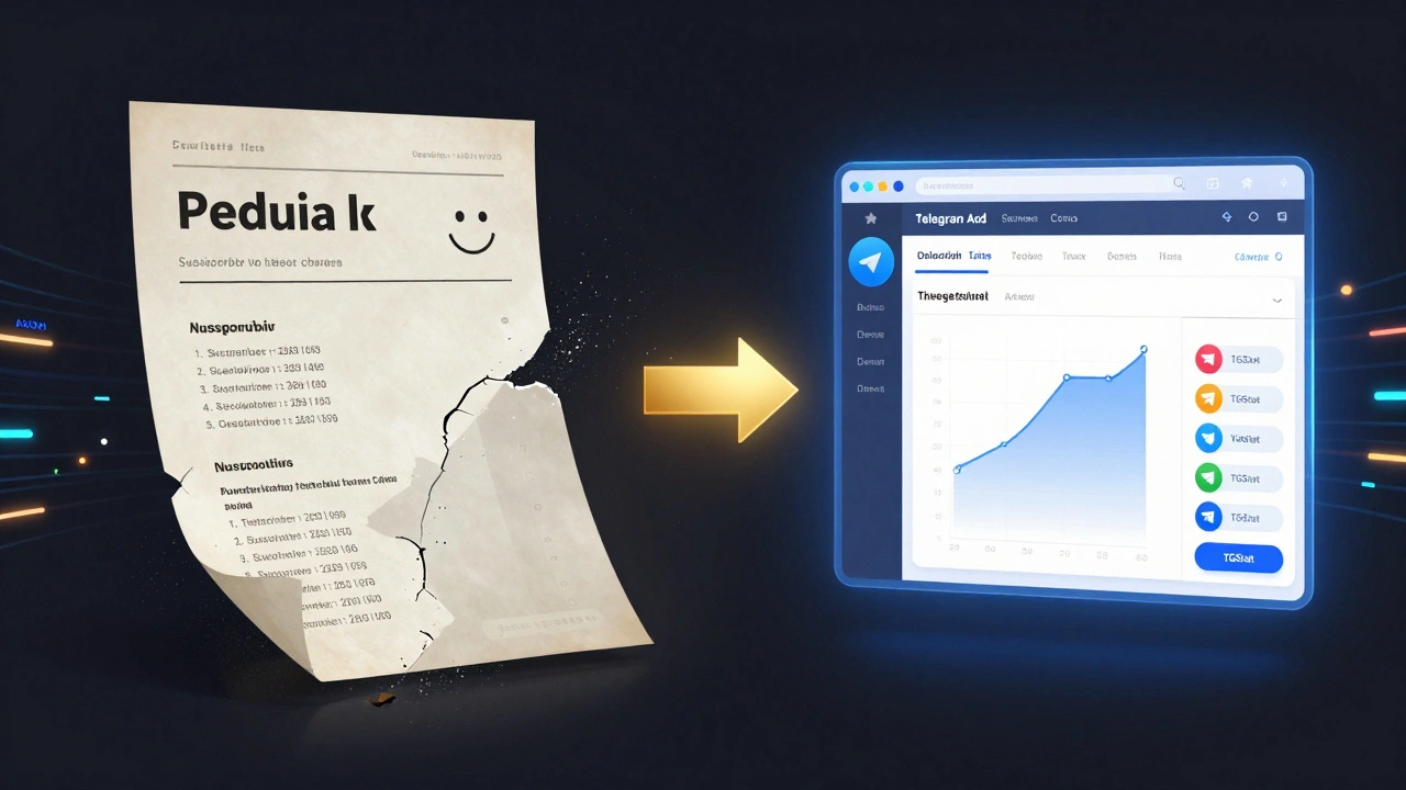 Split image: outdated PDF media kit dissolving vs. glowing interactive analytics dashboard with verification badges.