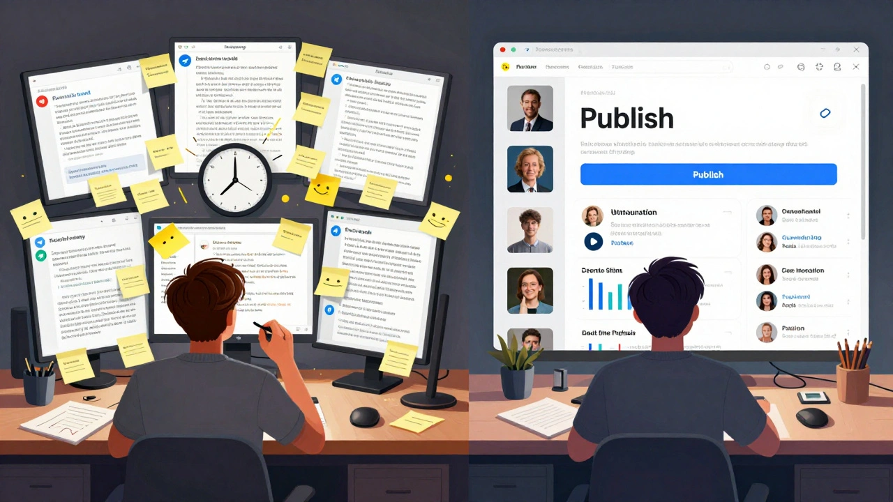 Split scene contrasting chaotic manual posting vs. streamlined AI-powered publishing on a single dashboard.