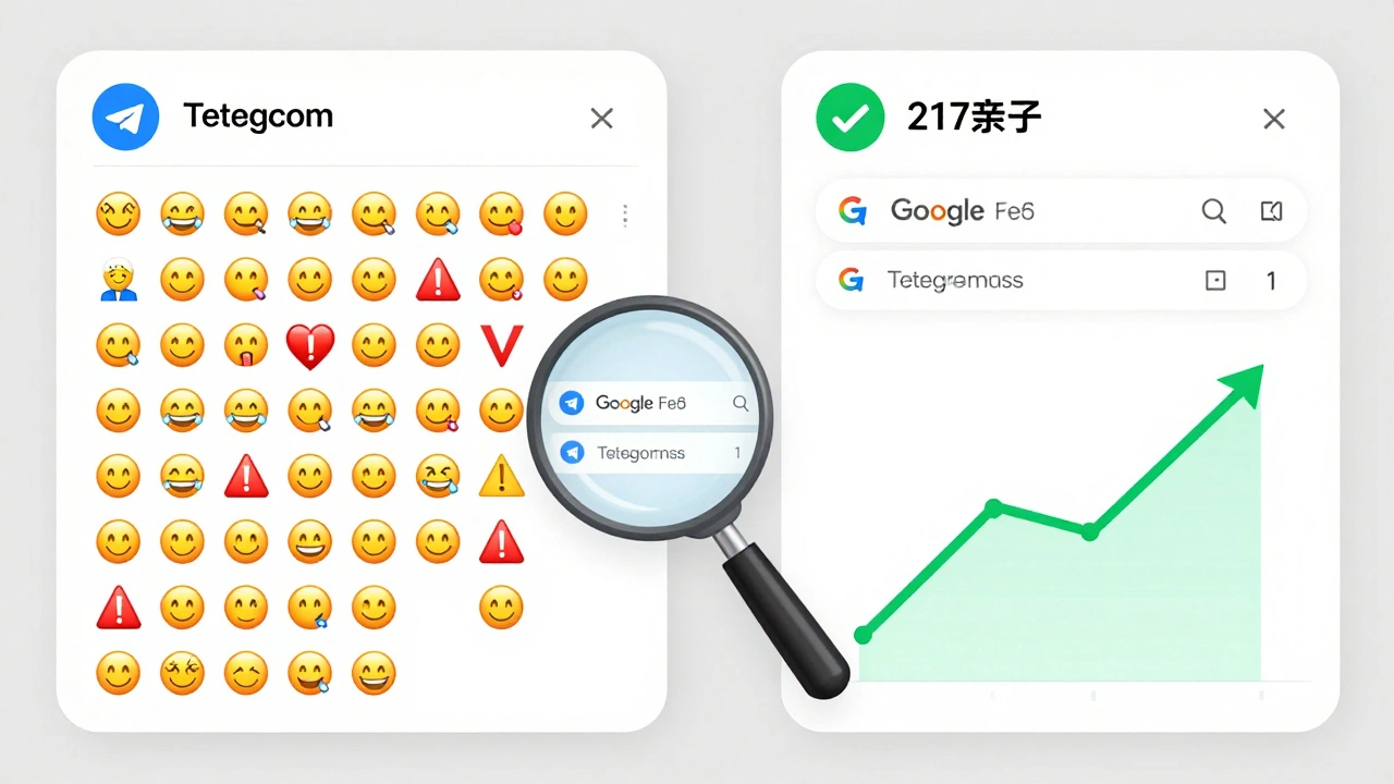 Split-screen comparing poorly optimized vs. well-optimized Telegram channel descriptions.