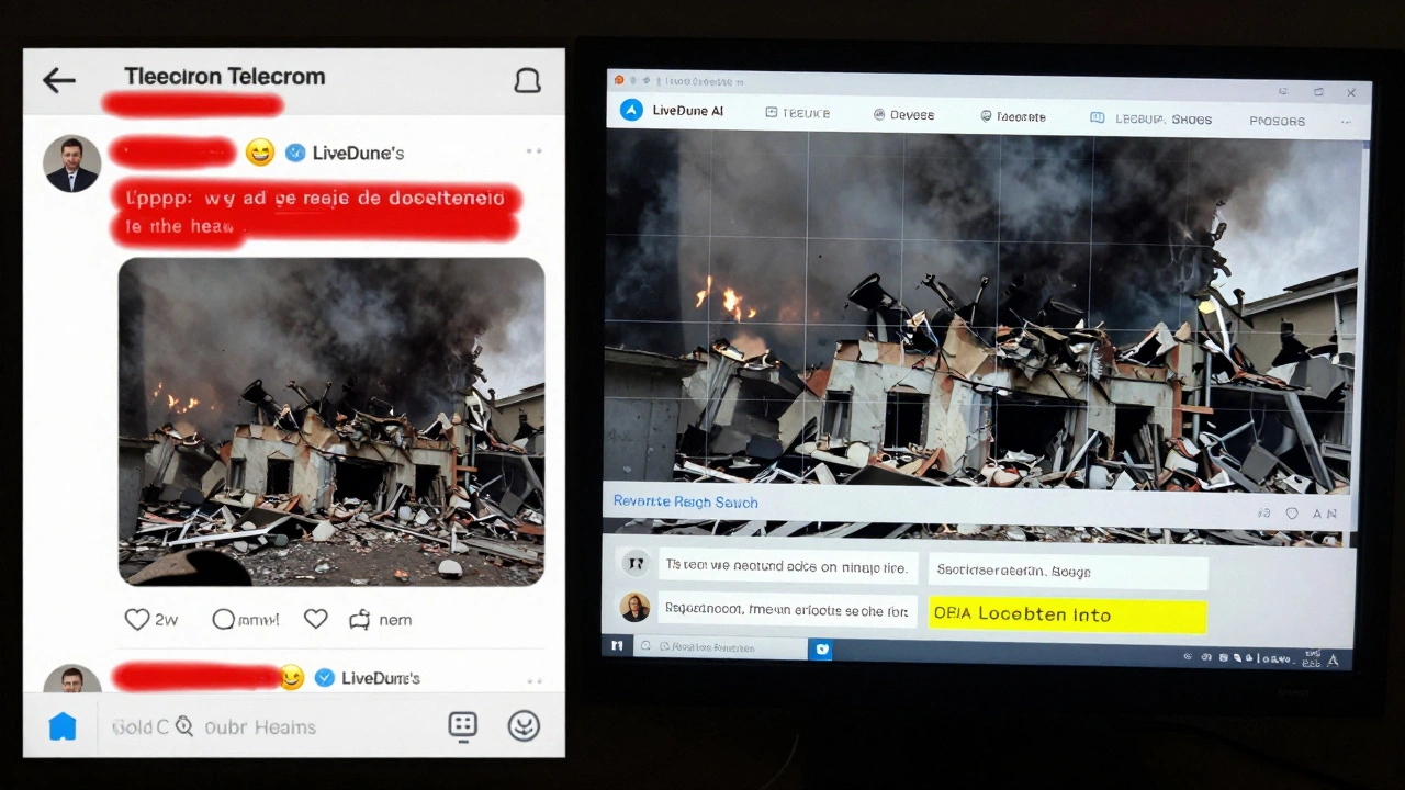 Split-screen comparison of a viral false post and its AI-verified analysis with metadata tags.