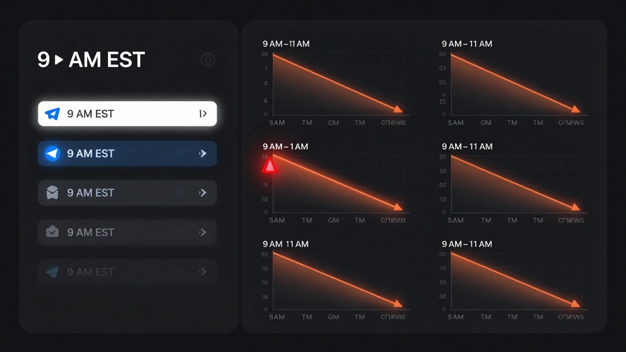 Split-screen dashboard showing Telegram's static schedule versus dynamic engagement drops across global time zones.