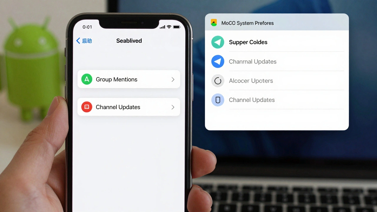 Split-screen of Android and macOS notification settings being adjusted to fix Telegram alert issues.
