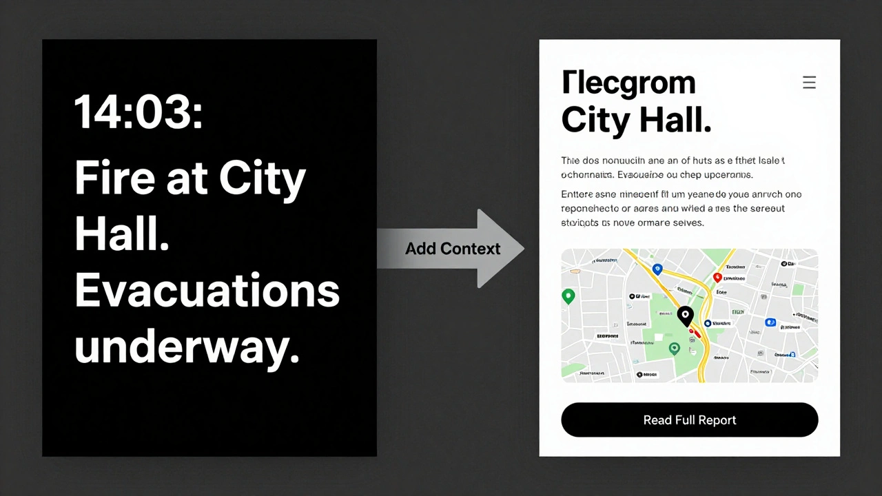 Split screen: raw Telegram alert on left, detailed email summary on right with contextual additions.