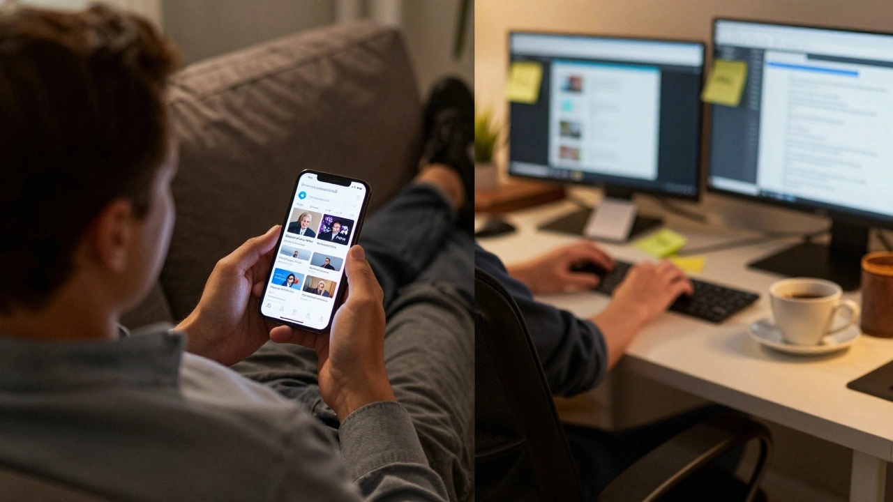 Split-screen: relaxed person viewing Telegram news vs. cluttered desk with multiple open browsers.