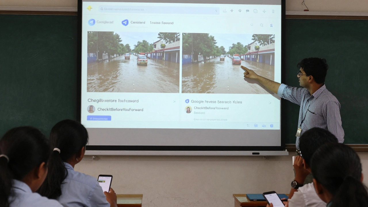 Students in Bangladesh learn to verify viral images using reverse search on a classroom projector.