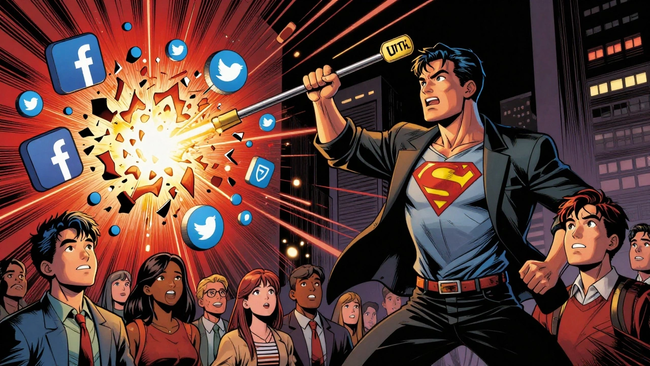 Superhero journalist using a UTM-tagged link to defeat social media chaos, with Telegram readers watching.