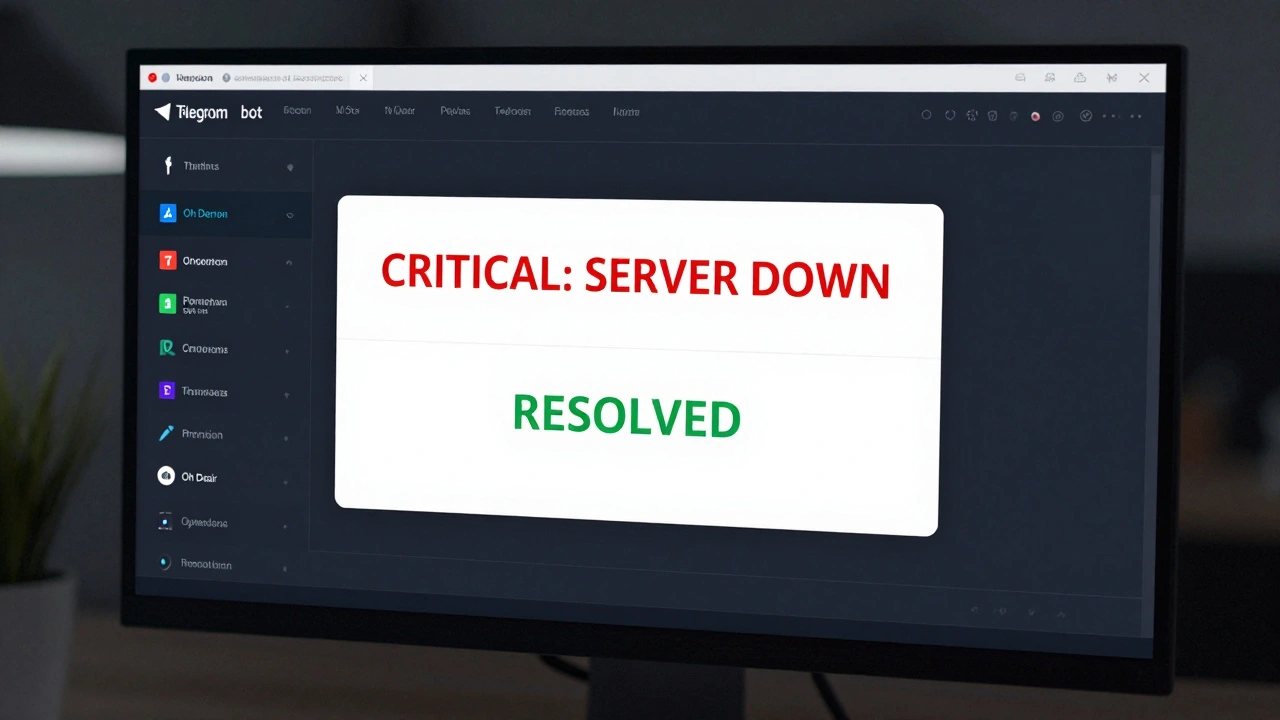 Tech dashboard displaying a bold red Telegram bot alert for a server outage and a green resolved message.