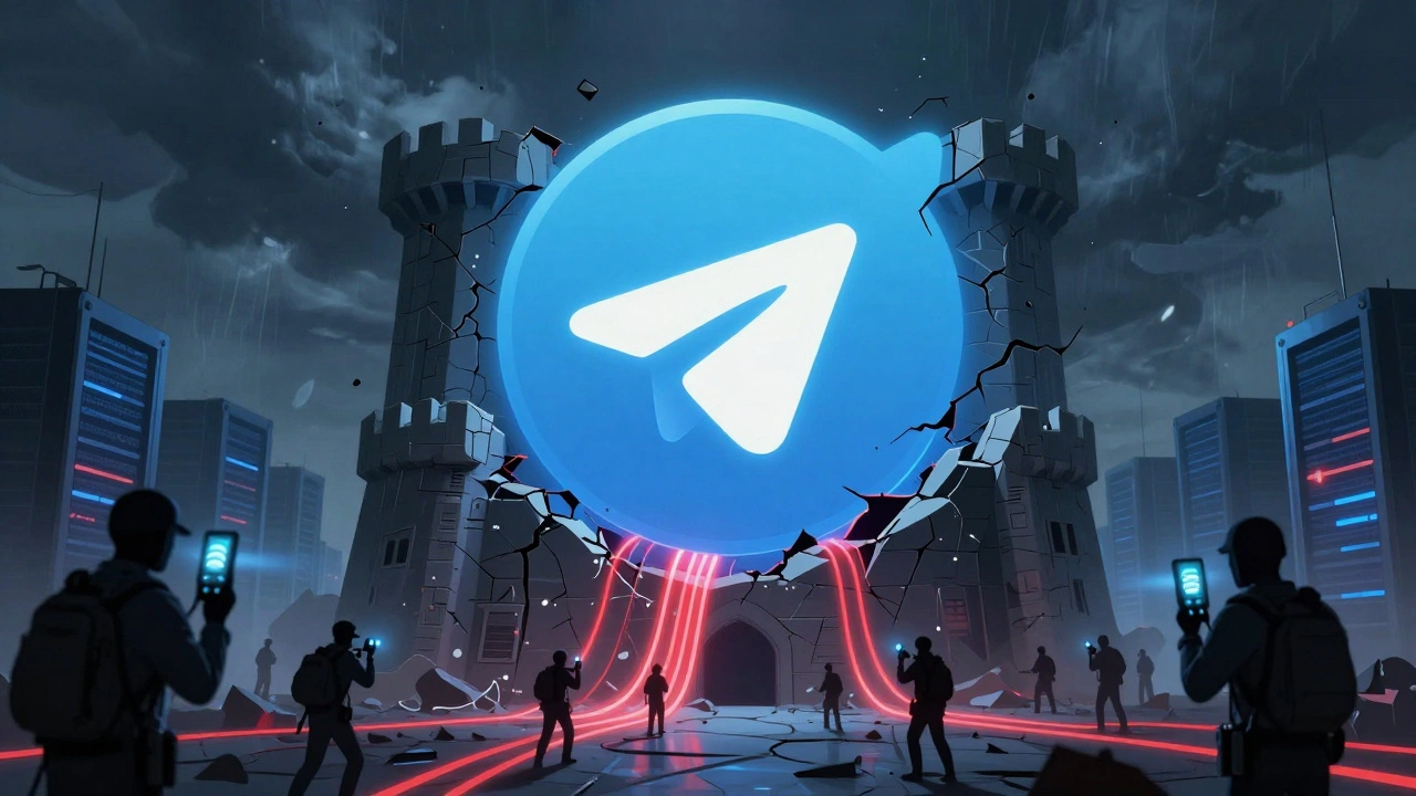 Telegram logo crumbling as surveillance agents track users via device fingerprints in a global server landscape.