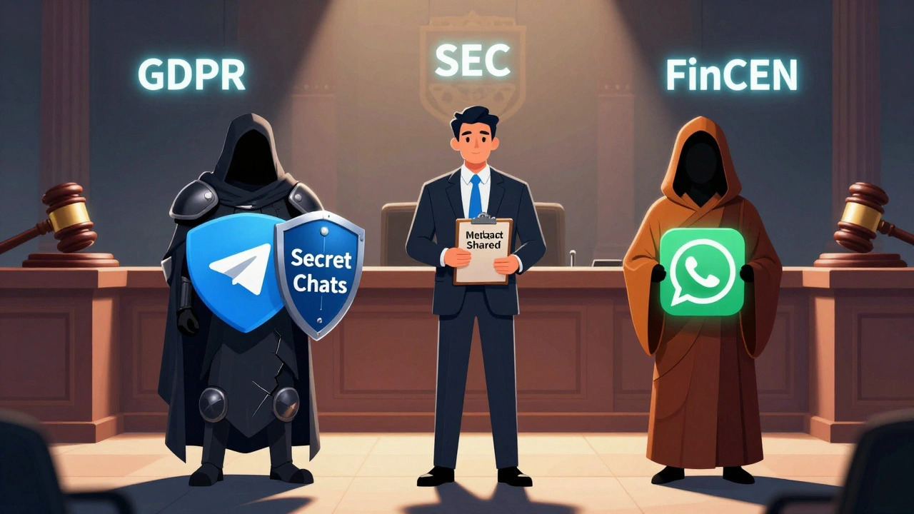 Three personified messaging apps in a courtroom setting: Telegram, WhatsApp, and Signal, representing different privacy models.