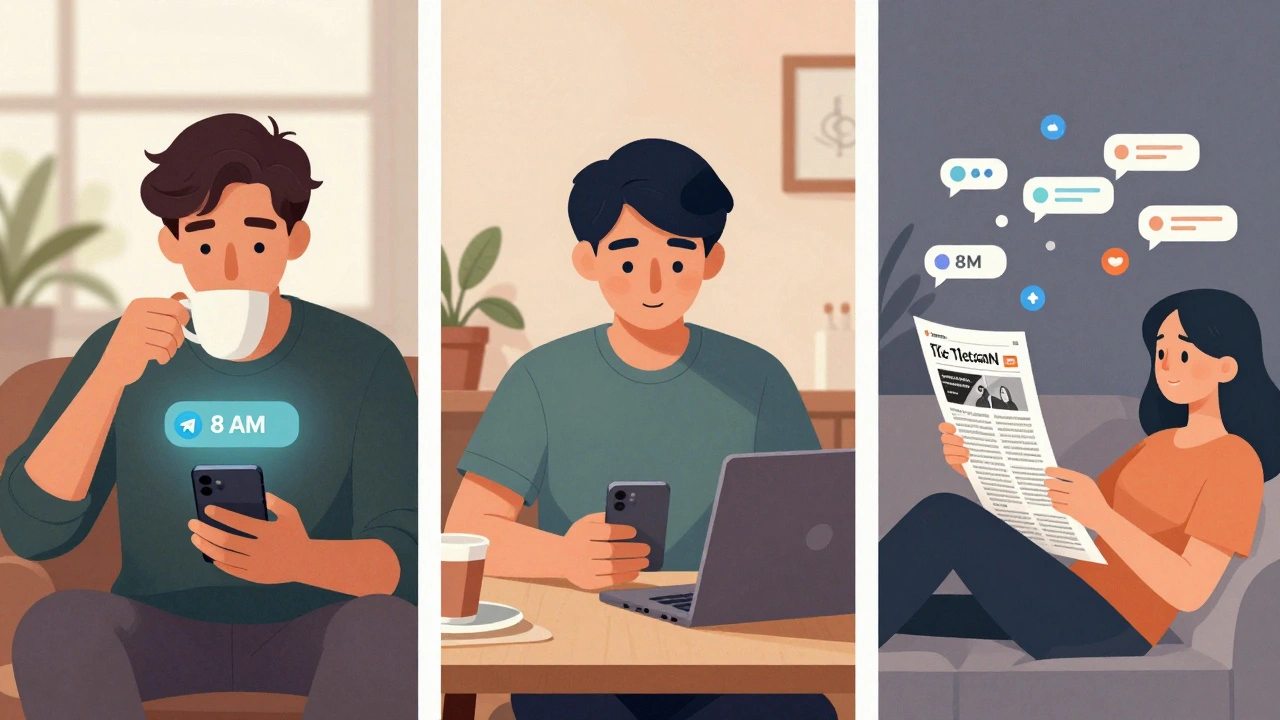 Three scenes of people engaging with Telegram news at morning, lunch, and evening times.