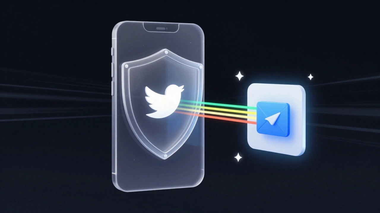 Transparent Telegram app with privacy shield and Mini-App bridging data streams from marketing sources into subscription meter.