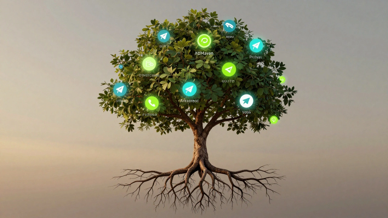 Tree with UTM roots growing into Telegram icons, nourished by analytics tools, symbolizing audience growth.
