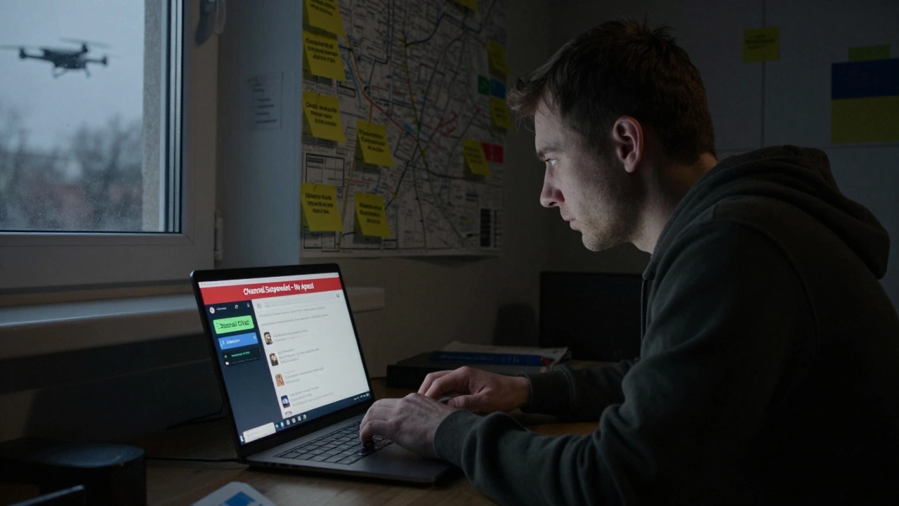 Ukrainian activist using Telegram in a dim basement, with a 'Secret Chat' glowing on screen and a suspended channel banner.