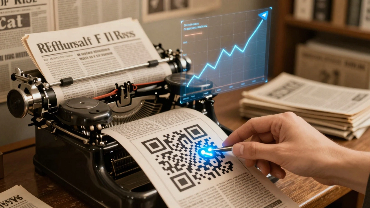 Vintage printing press stamping QR codes onto newspapers with digital subscriber growth in background.