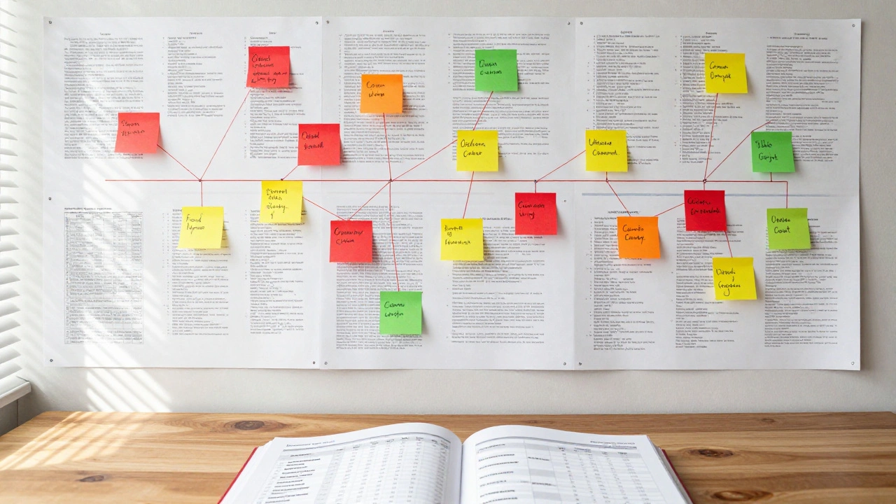 Wall covered in timelines and annotated documents with color-coded sticky notes and connecting threads.