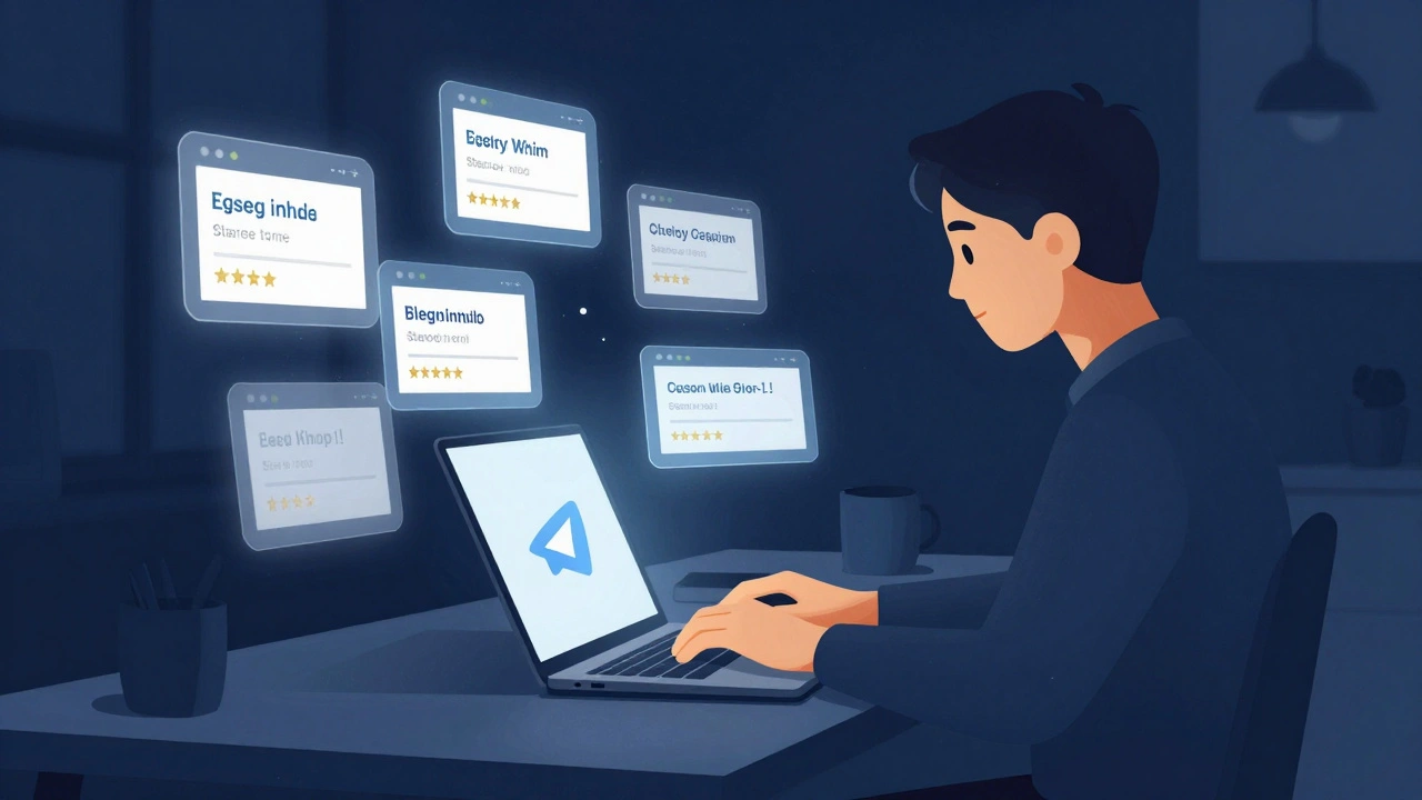 Writer surrounded by floating Telegram bot interfaces displaying story prices and star icons.