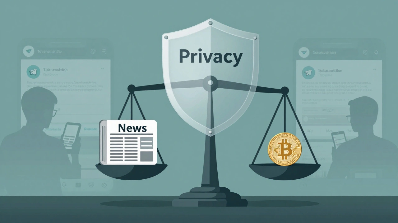 A balance scale weighing news credibility against cryptocurrency advertising, protected by a privacy shield.
