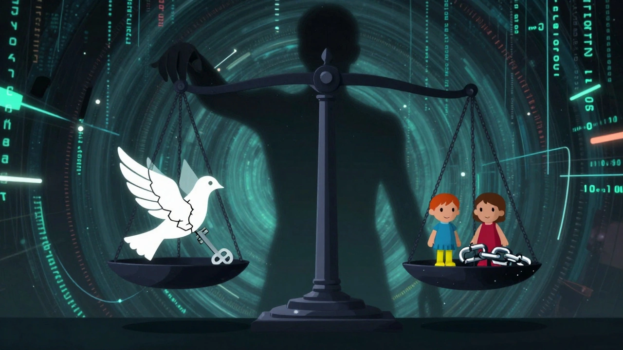 A balance scale with encryption and safety symbols on opposite sides, surrounded by digital data streams.