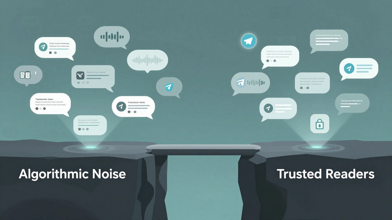 A bridge of Telegram chat bubbles connecting noisy algorithms to trusted readers, with news, audio, and payment elements glowing along the path.