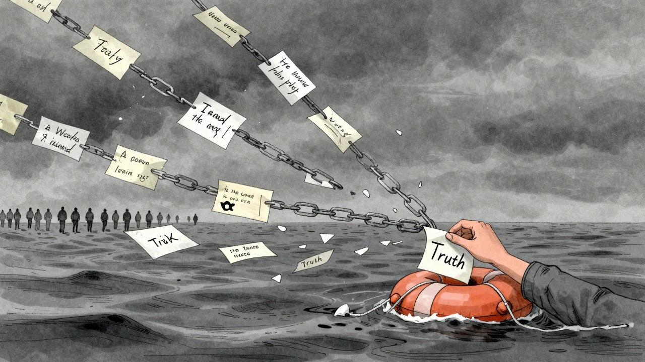 A broken chain of altered messages floating in a stormy sea, with a lone correction note being blown away by the wind.