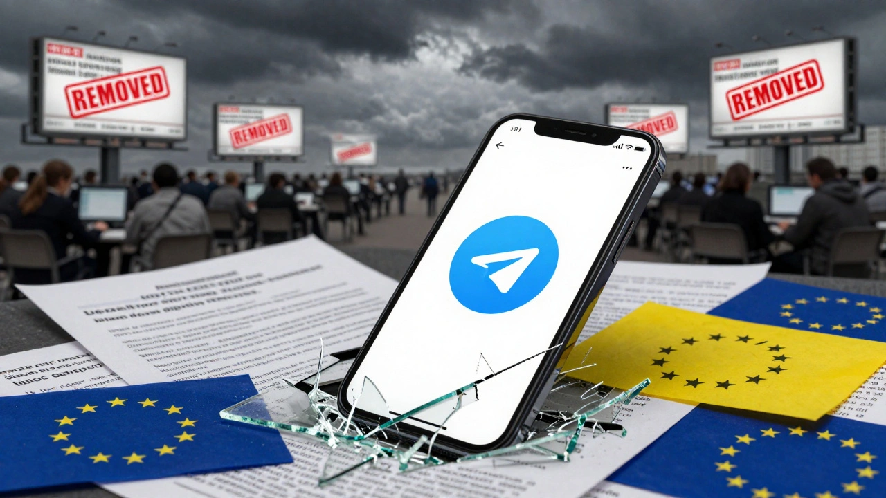A cracked Telegram app buried under legal documents and shattered glass, representing the fragility of journalism under EU regulations.