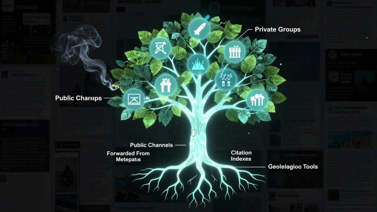 A glowing verification tree with roots in verification tools, branches of confirmed news, and severed private group roots.