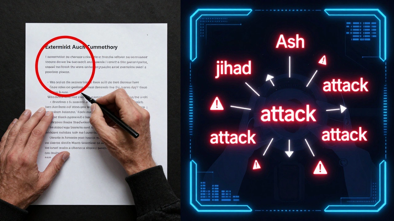 A journalist annotating extremist content beside an AI system flagging keywords, symbolizing automated censorship of news.