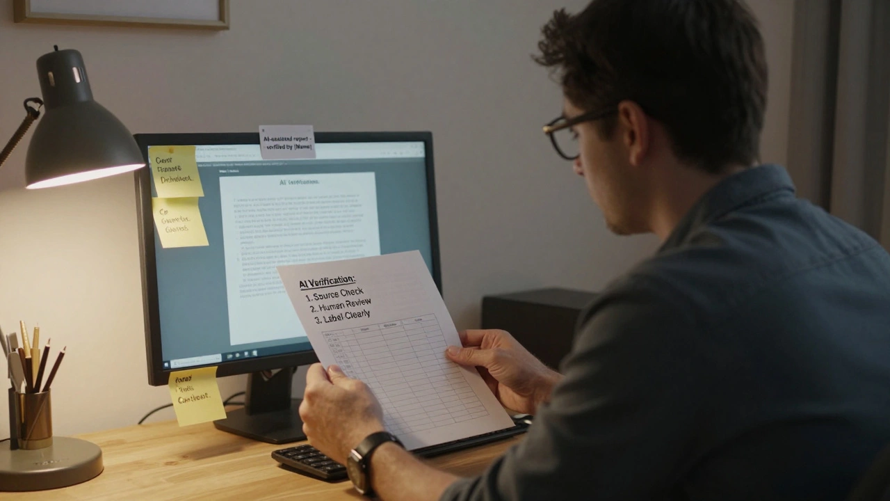 A journalist in a home office using a verification checklist and labeled AI-assisted report, surrounded by trusted news sources on sticky notes.