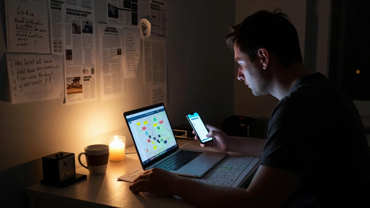 A man in Moscow using Telegram to track protests, surrounded by maps and notes at night.
