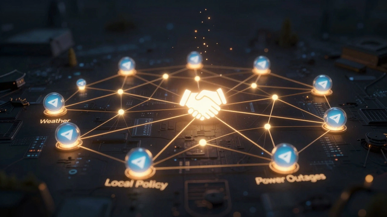 A network of glowing Telegram channels connected by golden threads, symbolizing trust-based cross-promotion and organic growth.