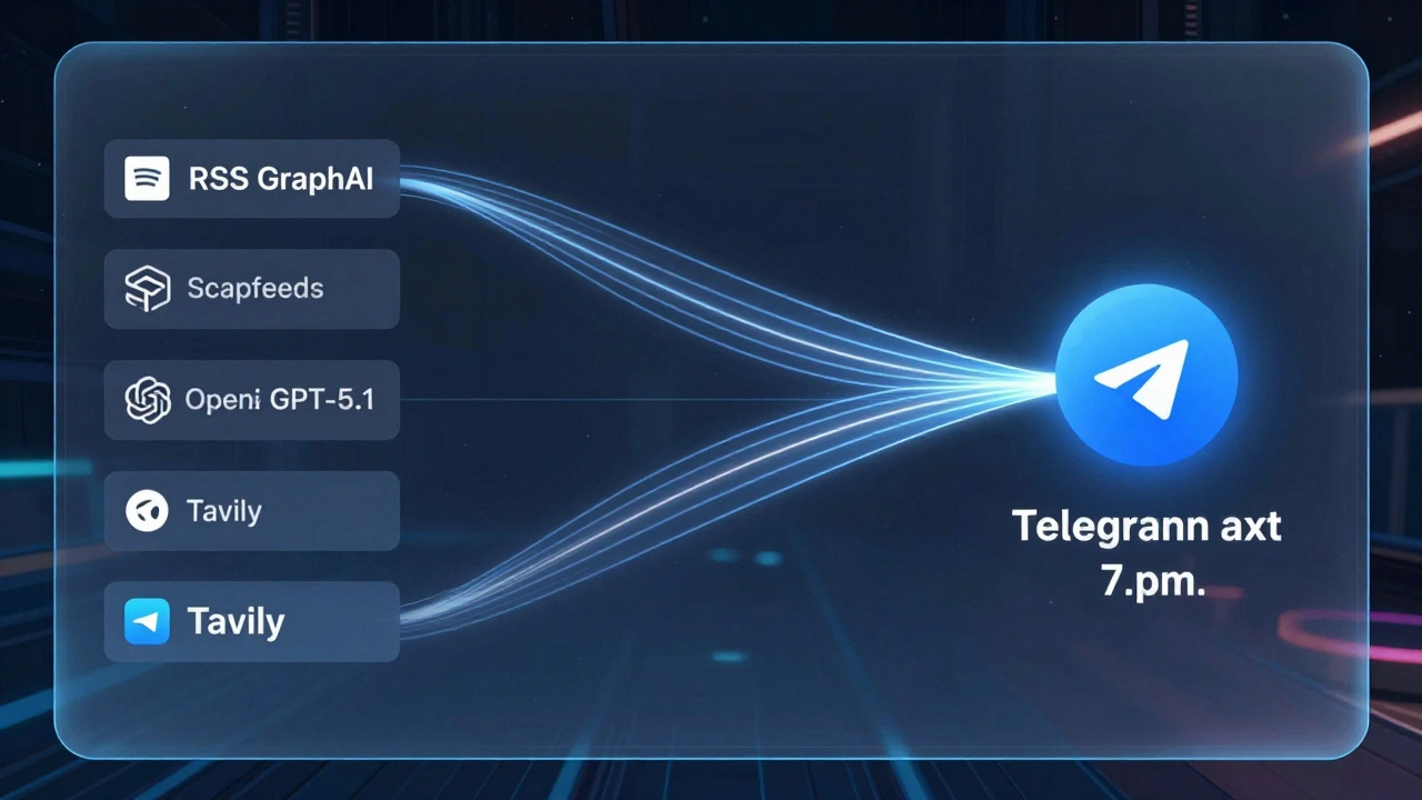 A no-code automation workflow visualizing how RSS feeds turn into a Telegram news digest using AI tools.