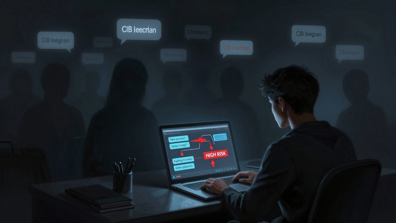 A person analyzing a CIB detection flowchart on a laptop, with shadowy bot accounts fading into darkness.