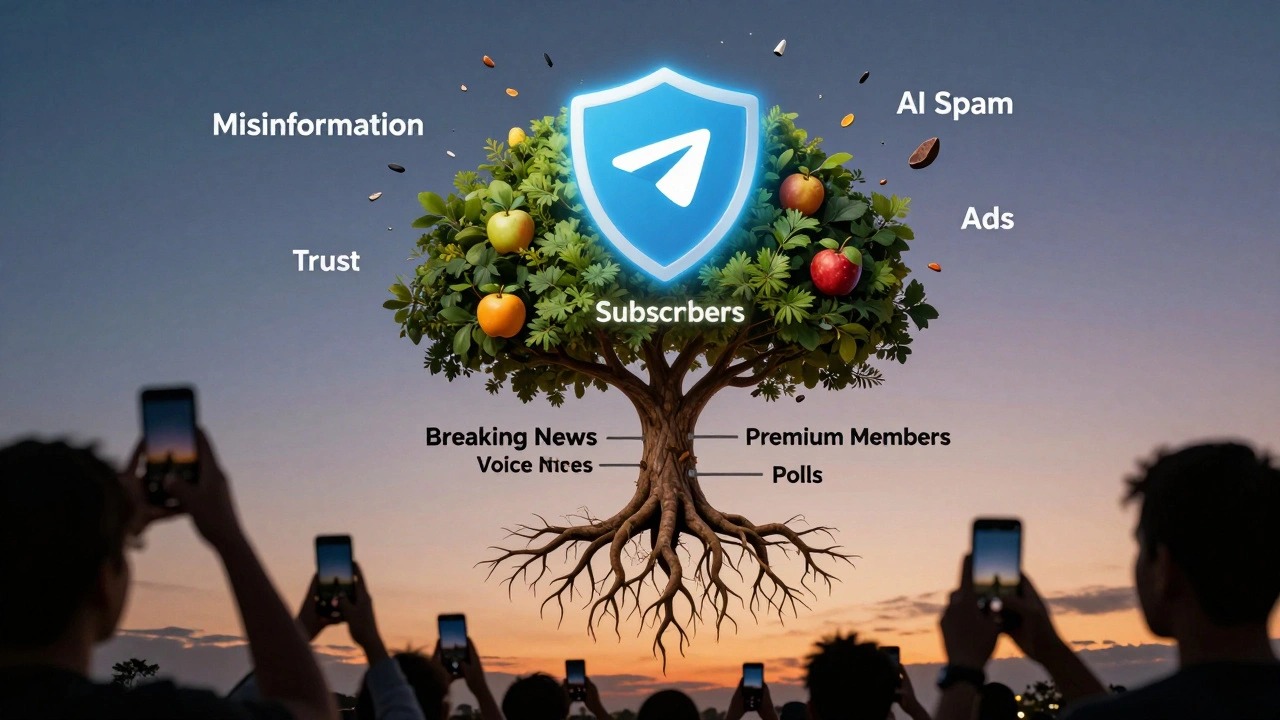 A symbolic tree rooted in news tools, growing trust while protected from misinformation and spam.