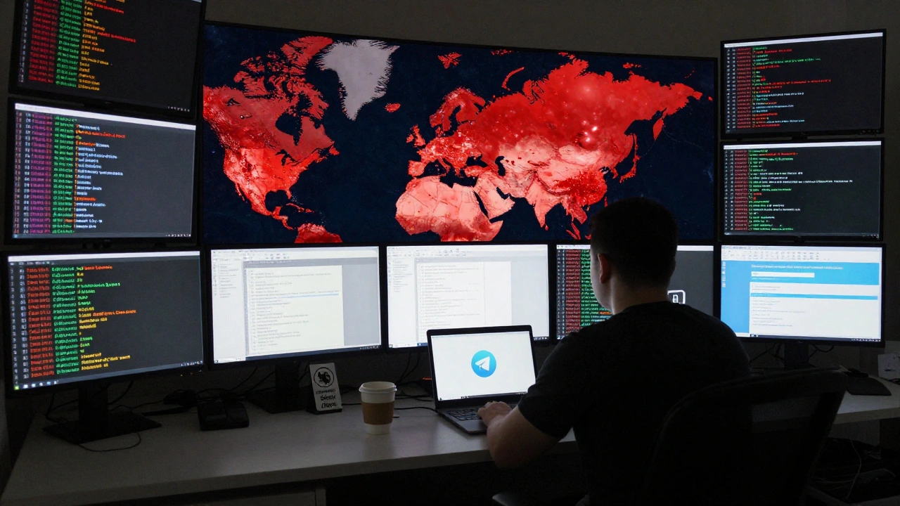 A tired moderator surrounded by monitors showing banned Telegram channels and a global map of red hotspots.
