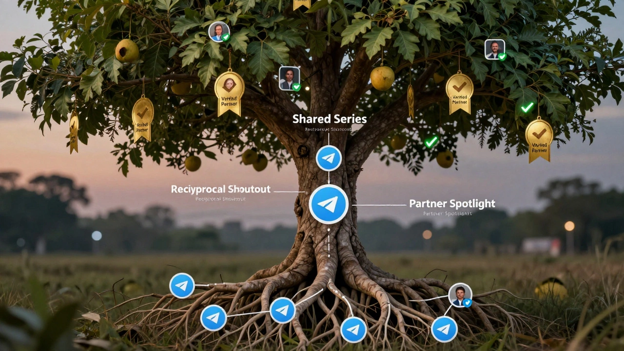 A tree with Telegram channel roots and verified partner badges as fruit, symbolizing trust-based growth.